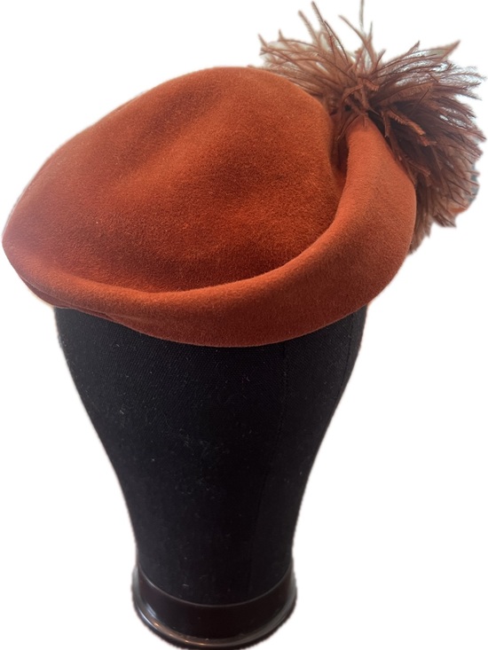 Vintage 1940s Rust Orange Velour Cocktail Hat with Feather Pom-Pom Flo-Gene NY main image 9